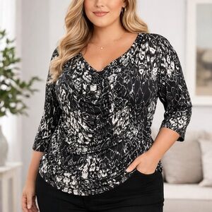 Plus Size 3XL Black White Abstract Ruffle Neck 3/4 Sleeve Blouse